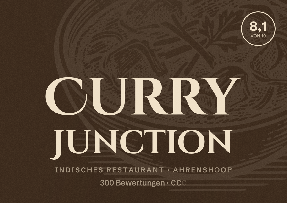 Illustriertes Poster von Curry Junction, Indisches Restaurant in Ahrenshoop: Bewertung 8,1 von 10 aus 300 Bewertungen, Preisniveau €€