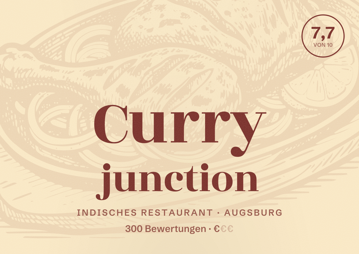 Illustriertes Poster von Curry junction, Indisches Restaurant in Augsburg: Bewertung 7,7 von 10 aus 300 Bewertungen, Preisniveau €