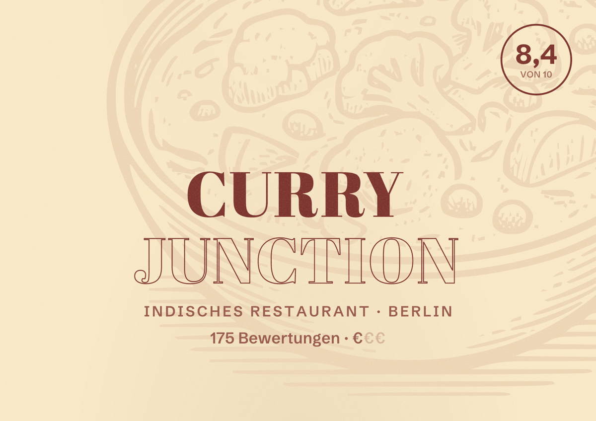 Illustriertes Poster von Curry Junction, Indisches Restaurant in Berlin: Bewertung 8,4 von 10 aus 175 Bewertungen, Preisniveau €