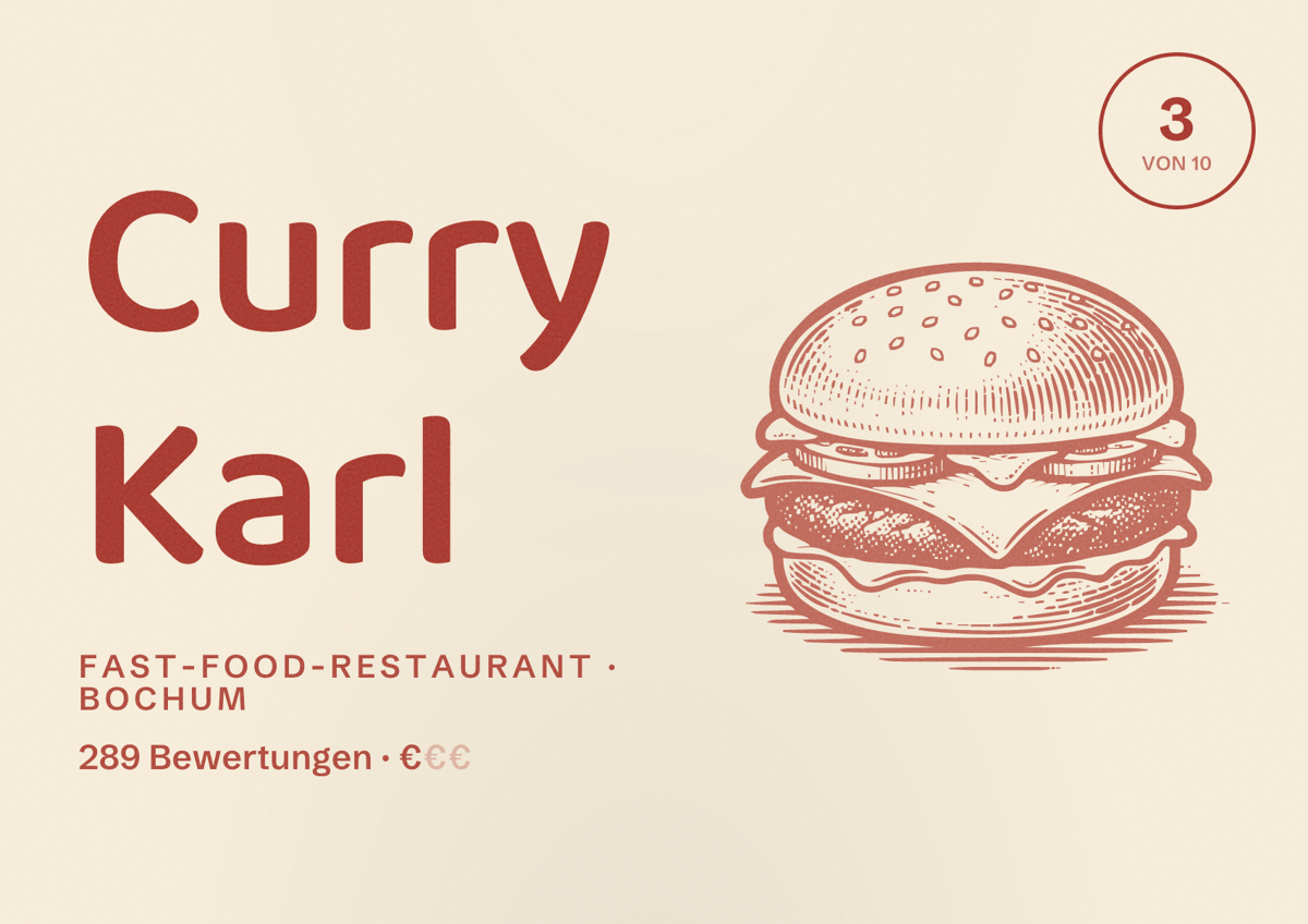 Illustriertes Poster von Curry Karl, Fast-Food-Restaurant in Bochum: Bewertung 3 von 10 aus 289 Bewertungen, Preisniveau €