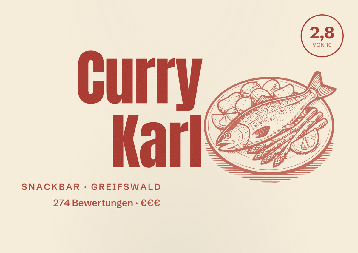 Illustriertes Poster von Curry Karl, Snackbar in Greifswald: Bewertung 2,8 von 10 aus 274 Bewertungen, Preisniveau €€€