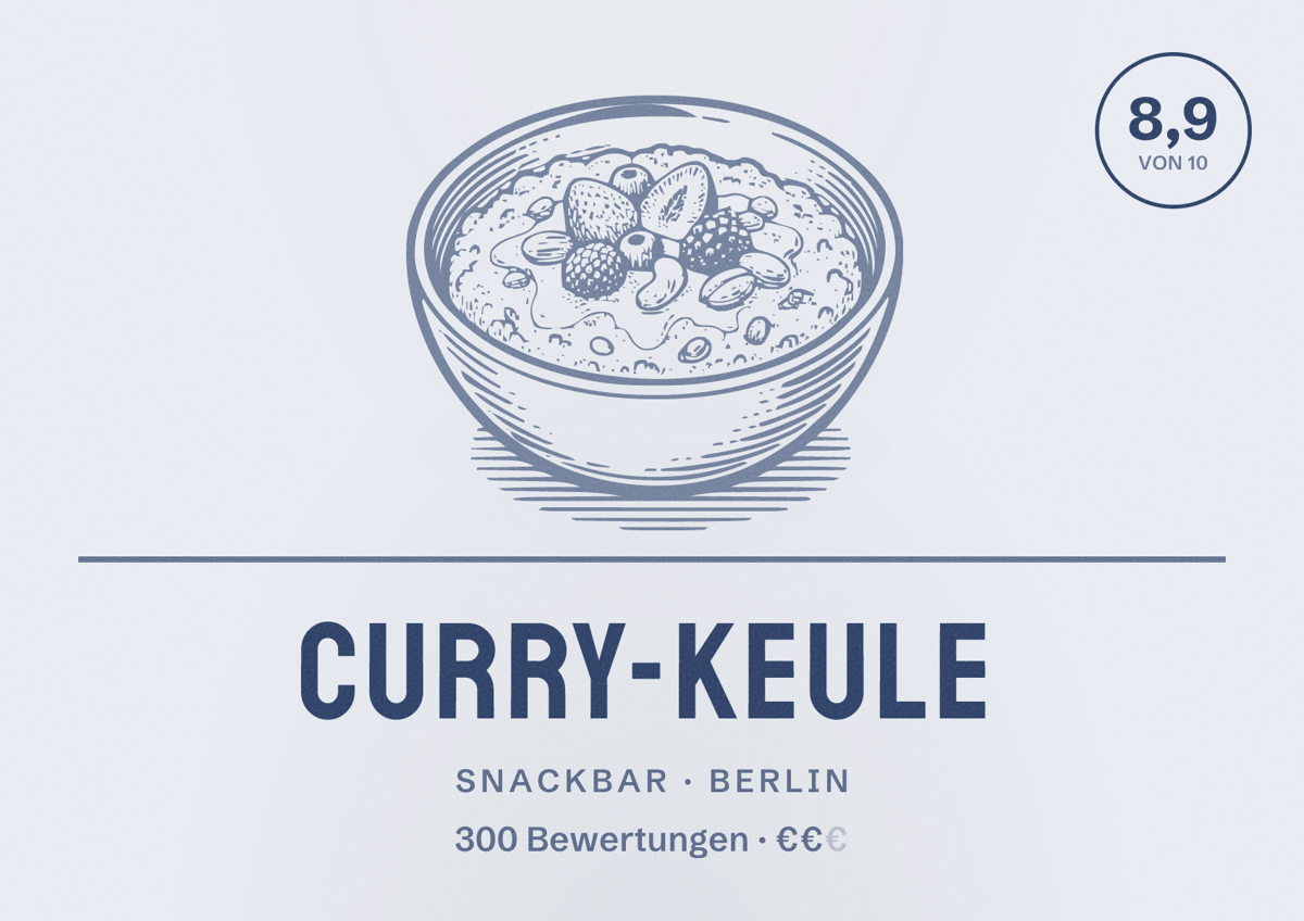 Illustriertes Poster von Curry-Keule, Snackbar in Berlin: Bewertung 8,9 von 10 aus 300 Bewertungen, Preisniveau €€