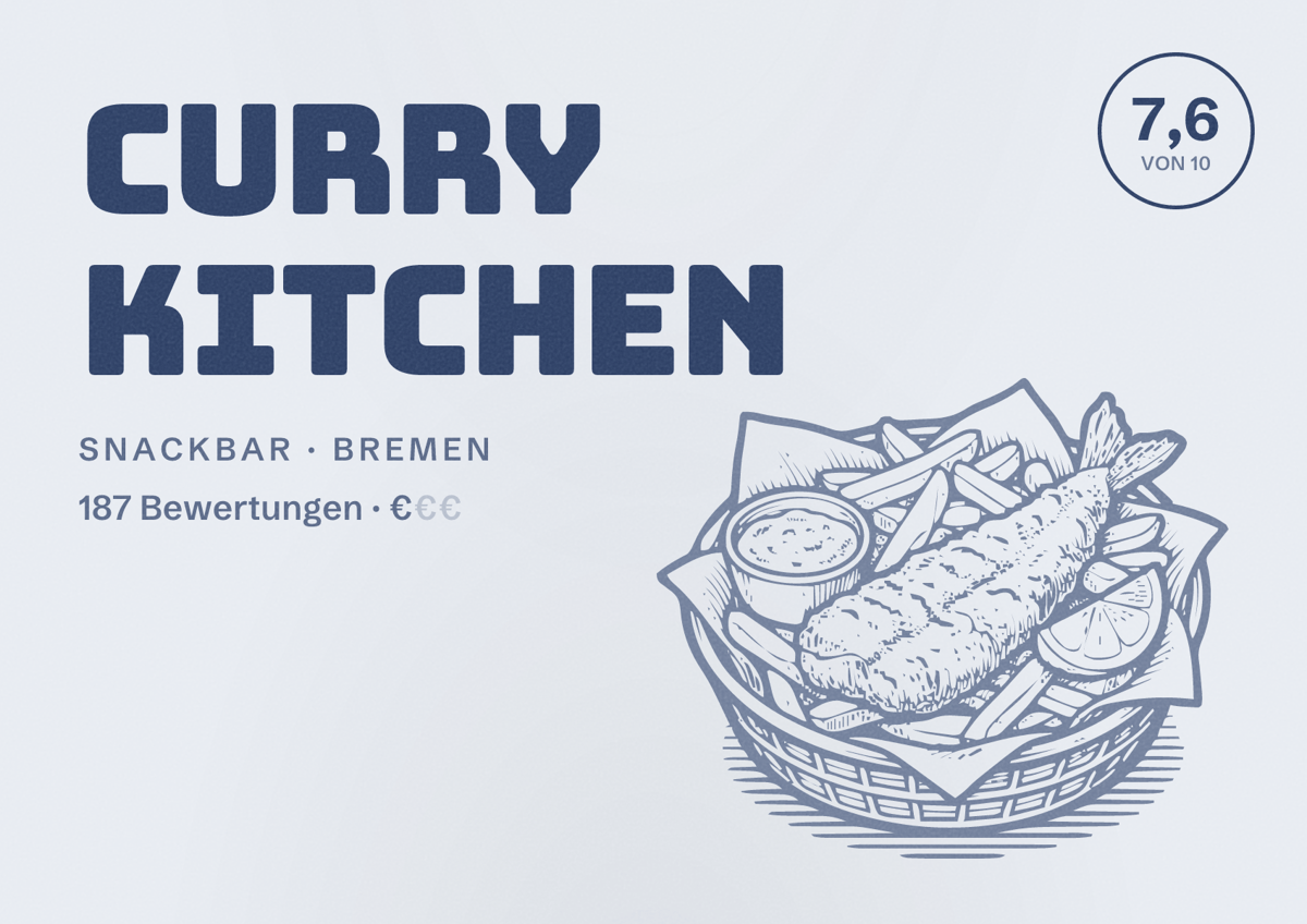 Illustriertes Poster von Curry Kitchen, Snackbar in Bremen: Bewertung 7,6 von 10 aus 187 Bewertungen, Preisniveau €