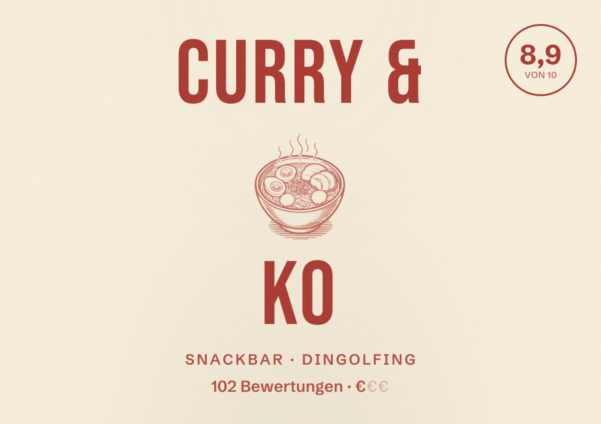 Illustriertes Poster von Curry & Ko, Snackbar in Dingolfing: Bewertung 8,9 von 10 aus 102 Bewertungen, Preisniveau €