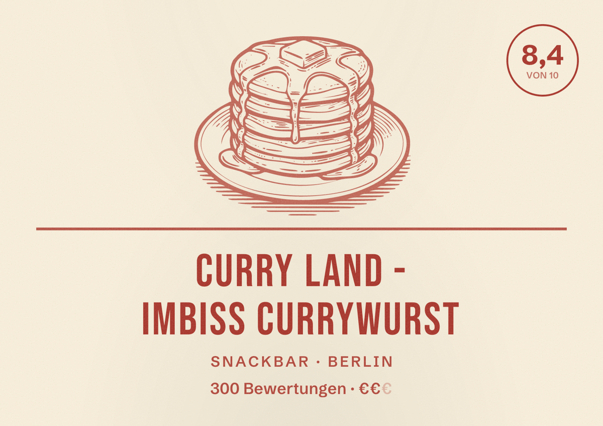 Illustriertes Poster von Curry Land - Imbiss Currywurst, Snackbar in Berlin: Bewertung 8,4 von 10 aus 300 Bewertungen, Preisniveau €€