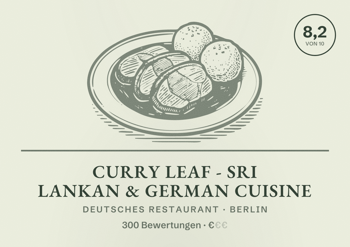 Illustriertes Poster von Curry Leaf - Sri Lankan & German Cuisine, Deutsches Restaurant in Berlin: Bewertung 8,2 von 10 aus 300 Bewertungen, Preisniveau €