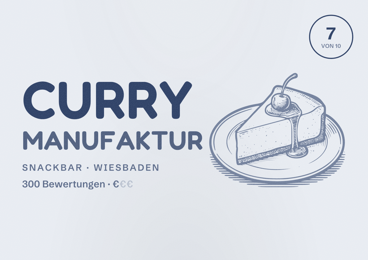 Illustriertes Poster von Curry Manufaktur, Snackbar in Wiesbaden: Bewertung 7,0 von 10 aus 300 Bewertungen, Preisniveau €