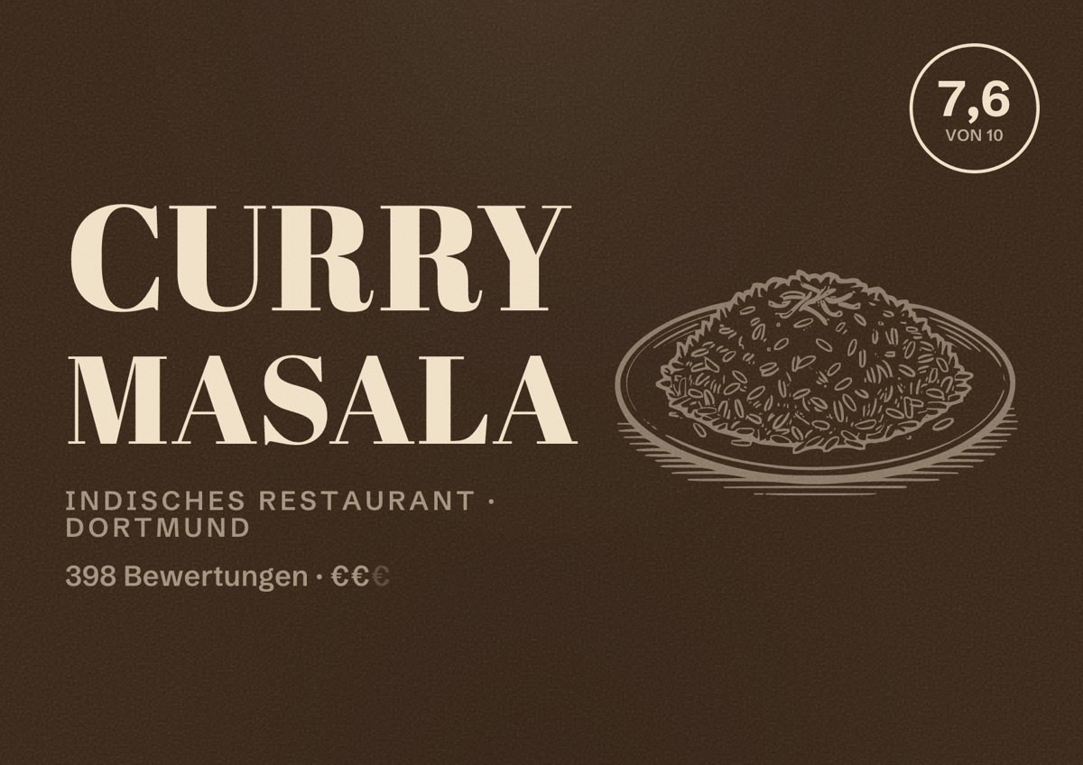 Illustriertes Poster von Curry Masala, Indisches Restaurant in Dortmund: Gästebewertung 7,6 von 10 aus 398 Bewertungen