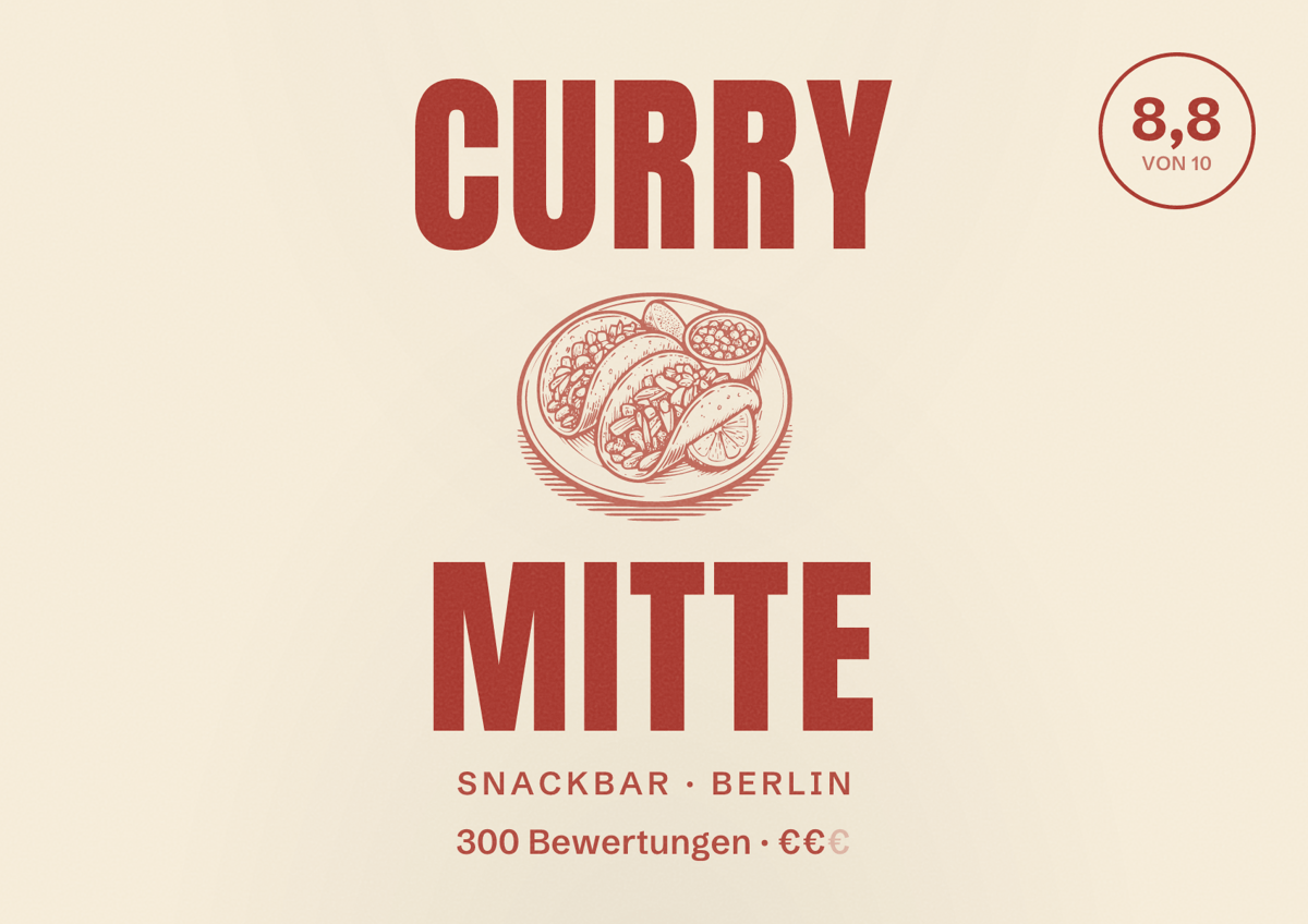 Illustriertes Poster von Curry Mitte, Snackbar in Berlin: Bewertung 8,8 von 10 aus 300 Bewertungen, Preisniveau €€