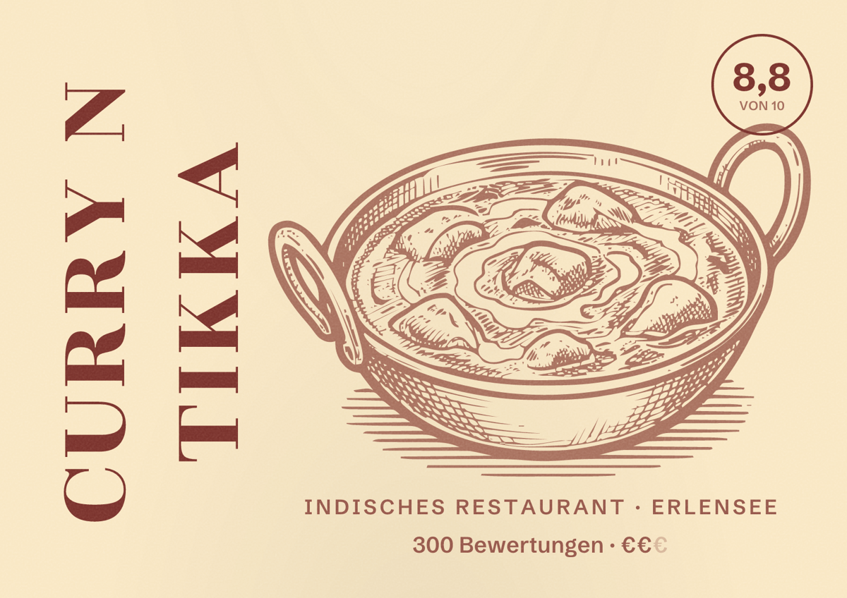 Illustriertes Poster von Curry N Tikka, Indisches Restaurant in Erlensee: Bewertung 8,8 von 10 aus 300 Bewertungen, Preisniveau €€