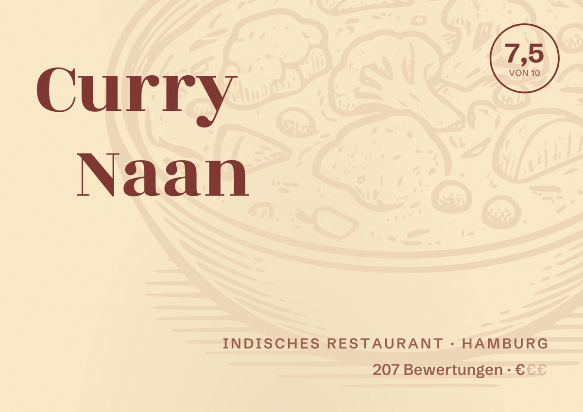 Illustriertes Poster von Curry Naan, Indisches Restaurant in Hamburg: Bewertung 7,5 von 10 aus 207 Bewertungen, Preisniveau €