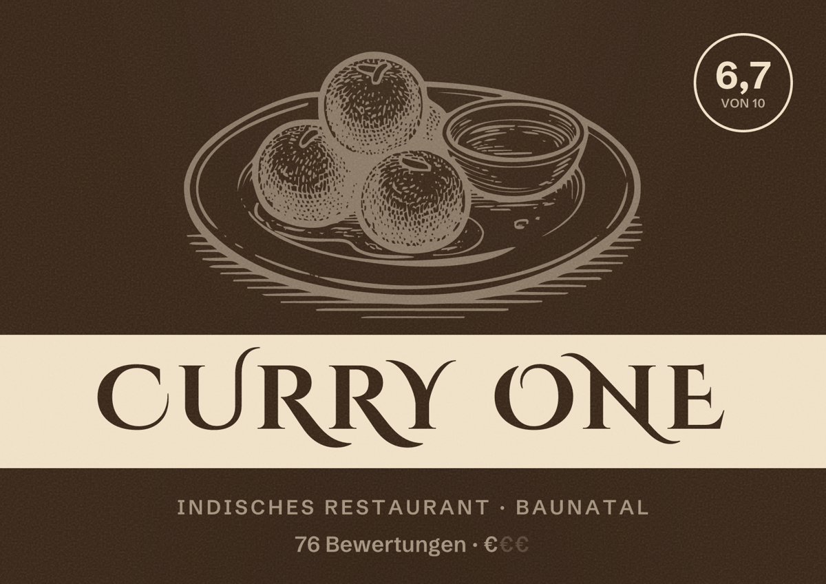 Illustriertes Poster von Curry One, Indisches Restaurant in Baunatal: Bewertung 6,7 von 10 aus 76 Bewertungen, Preisniveau €