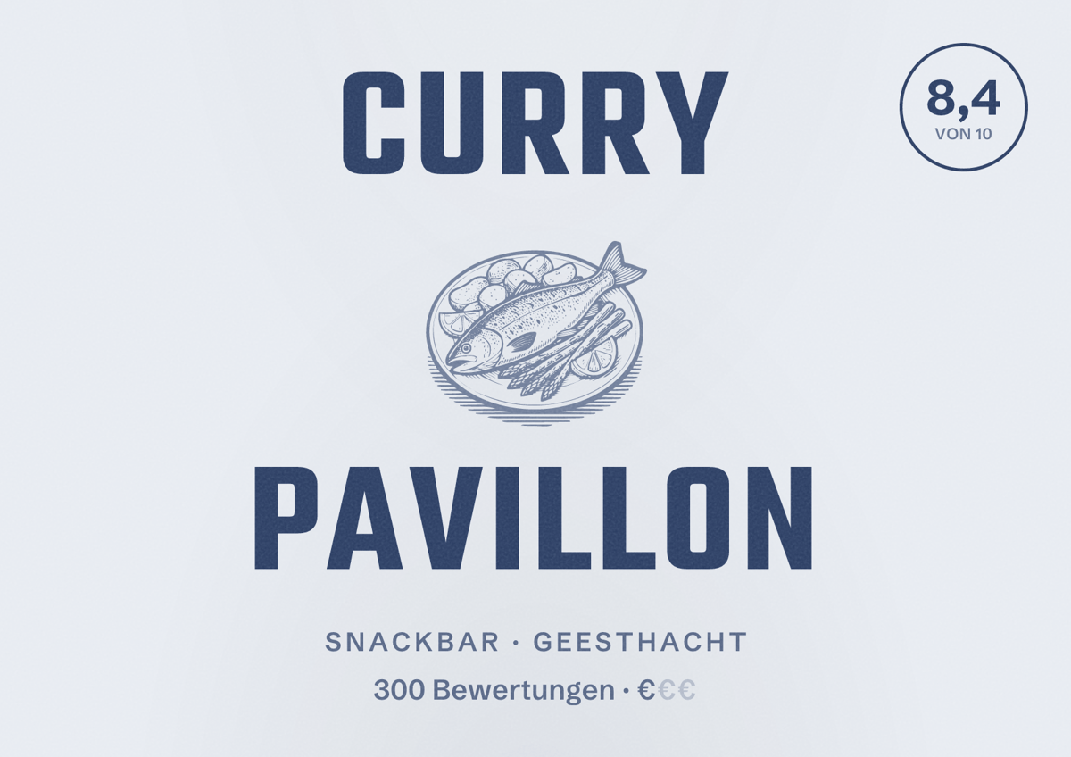 Illustriertes Poster von Curry Pavillon, Snackbar in Geesthacht: Bewertung 8,4 von 10 aus 300 Bewertungen, Preisniveau €