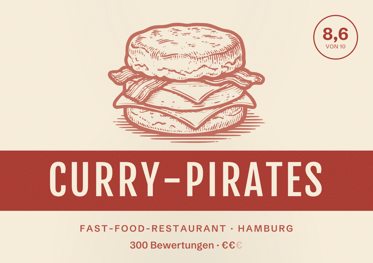 Illustriertes Poster von Curry-Pirates, Fast-Food-Restaurant in Hamburg: Bewertung 8,6 von 10 aus 300 Bewertungen, Preisniveau €€