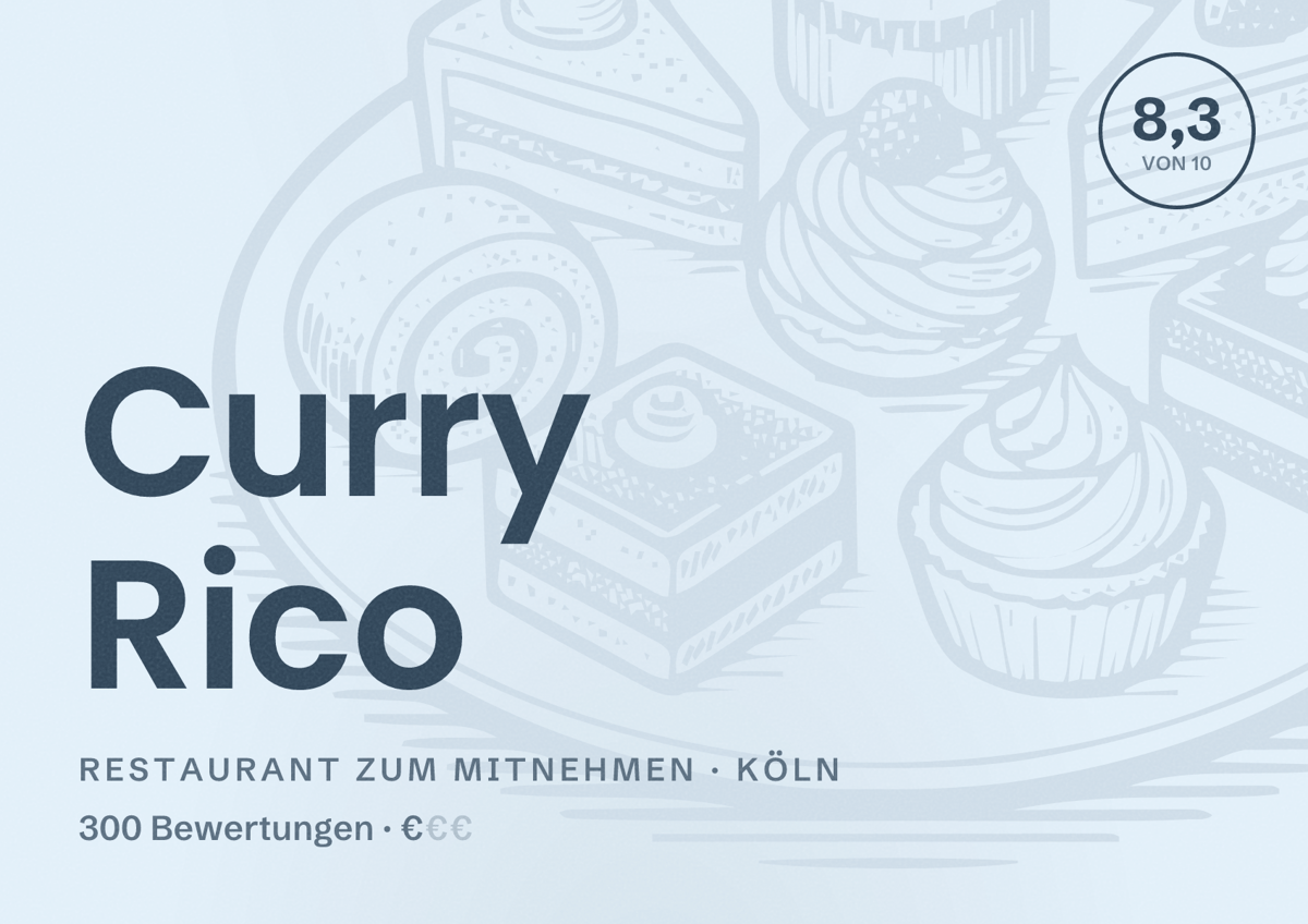 Illustriertes Poster von Curry Rico, Restaurant zum Mitnehmen in Köln: Bewertung 8,3 von 10 aus 300 Bewertungen, Preisniveau €