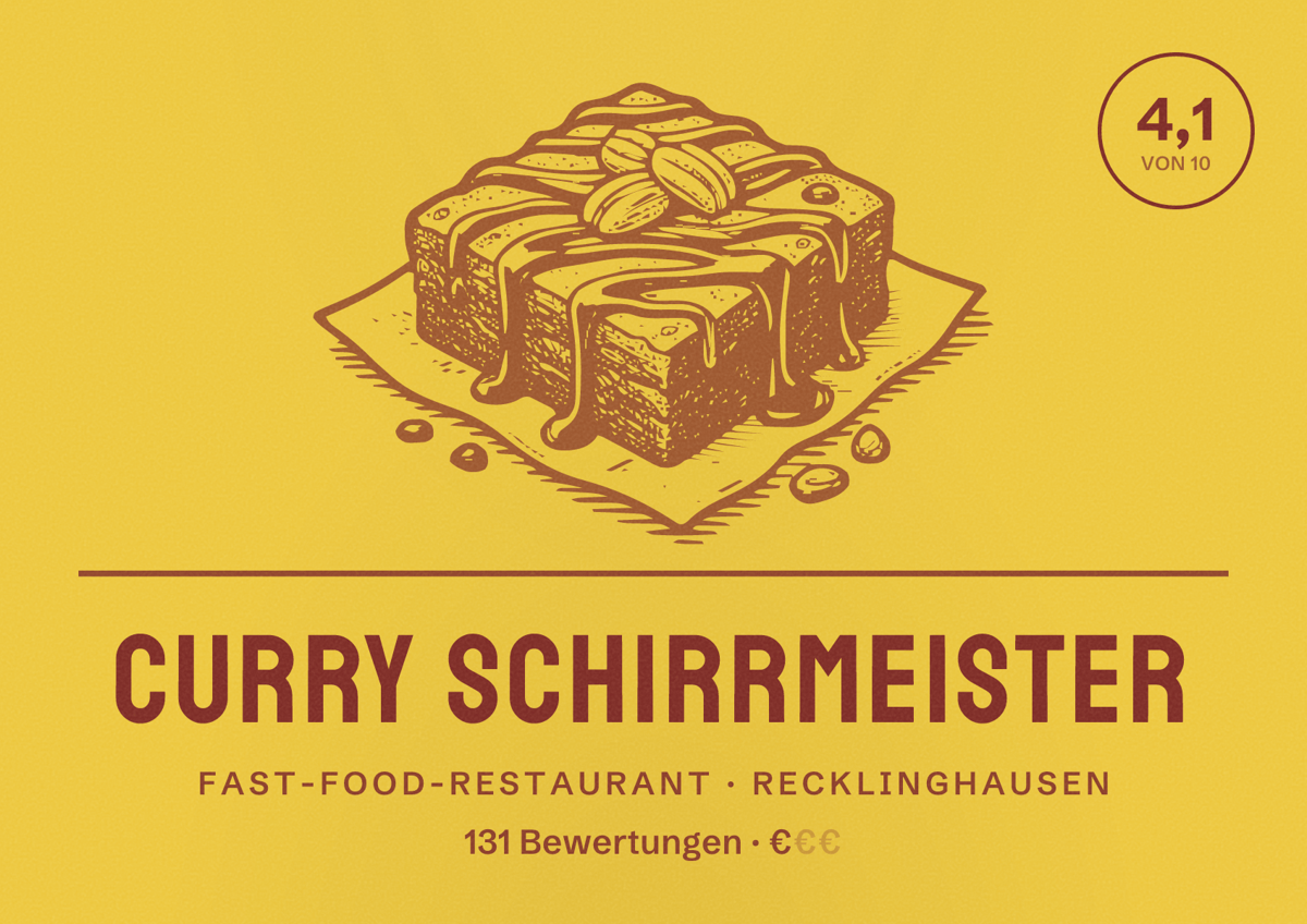 Illustriertes Poster von Curry Schirrmeister, Fast-Food-Restaurant in Recklinghausen: Bewertung 4,1 von 10 aus 131 Bewertungen, Preisniveau €