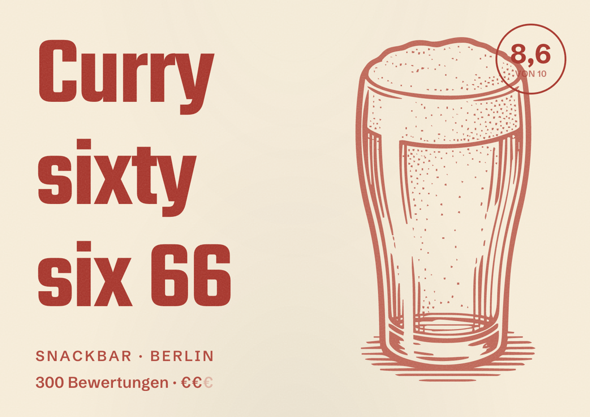 Illustriertes Poster von Curry sixty six 66, Snackbar in Berlin: Bewertung 8,6 von 10 aus 300 Bewertungen, Preisniveau €€