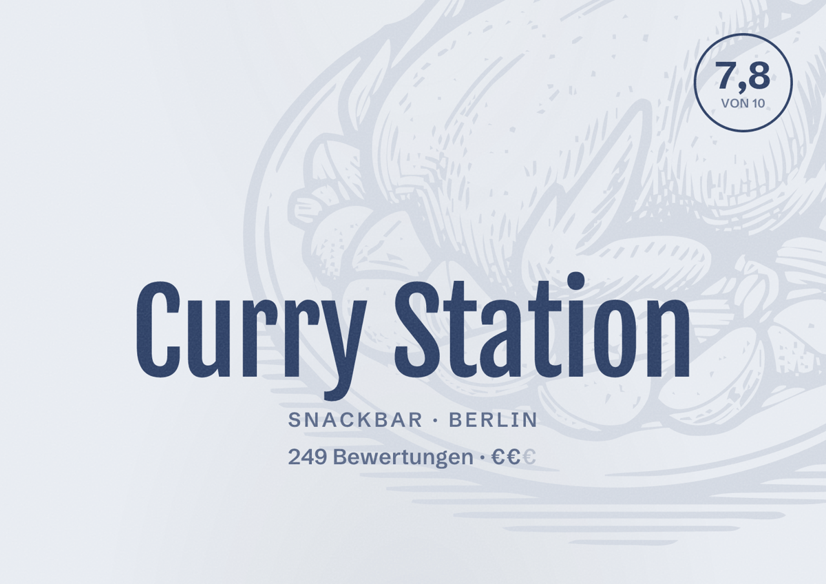 Illustriertes Poster von Curry Station, Snackbar in Berlin: Bewertung 7,8 von 10 aus 249 Bewertungen, Preisniveau €€