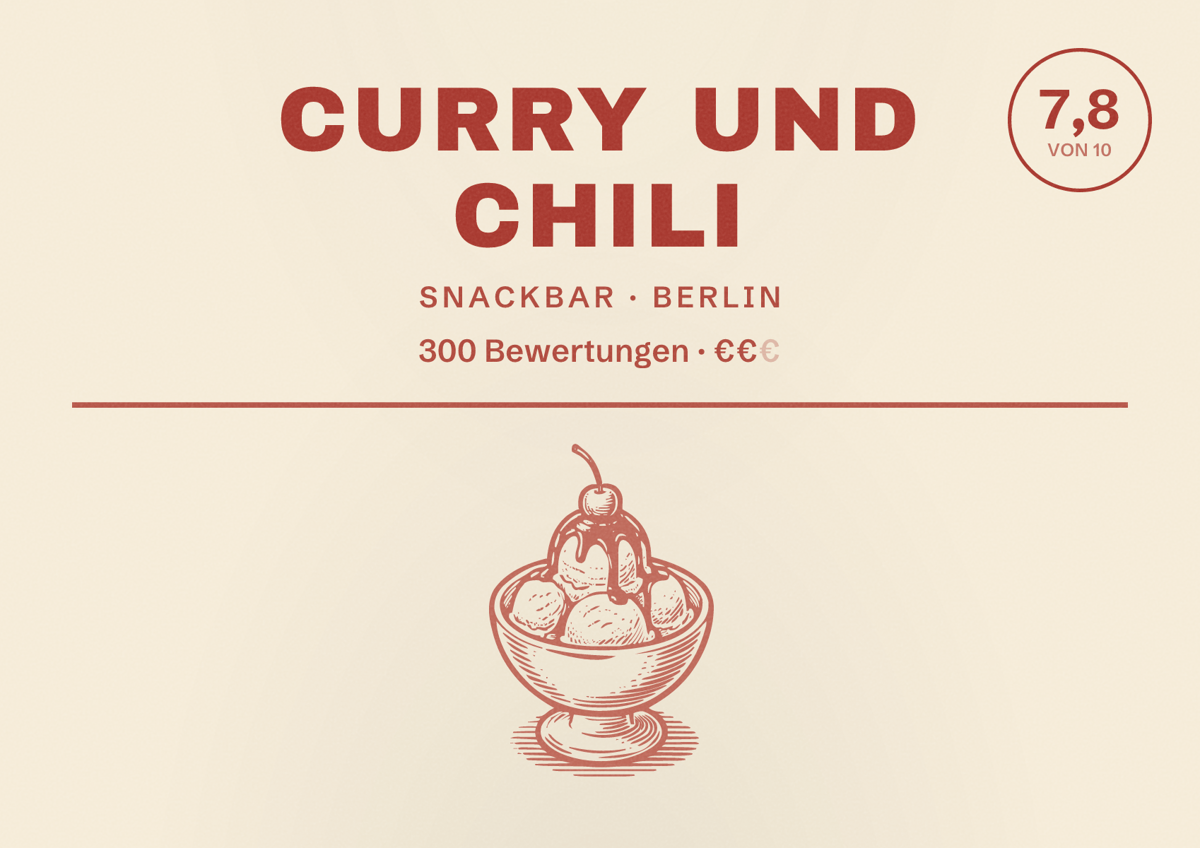 Illustriertes Poster von Curry und Chili, Snackbar in Berlin: Bewertung 7,8 von 10 aus 300 Bewertungen, Preisniveau €€