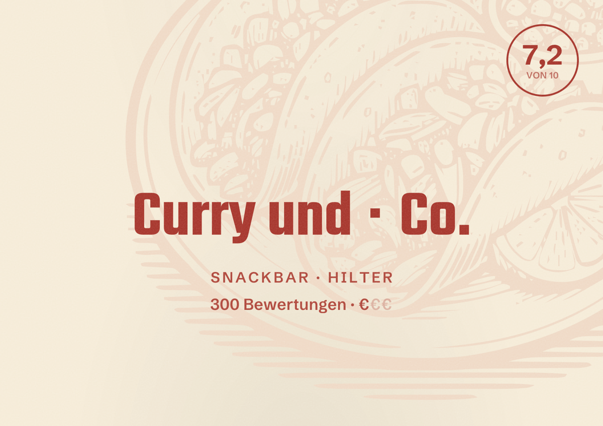 Illustriertes Poster von Curry und Co., Snackbar in Hilter: Bewertung 7,2 von 10 aus 300 Bewertungen, Preisniveau €