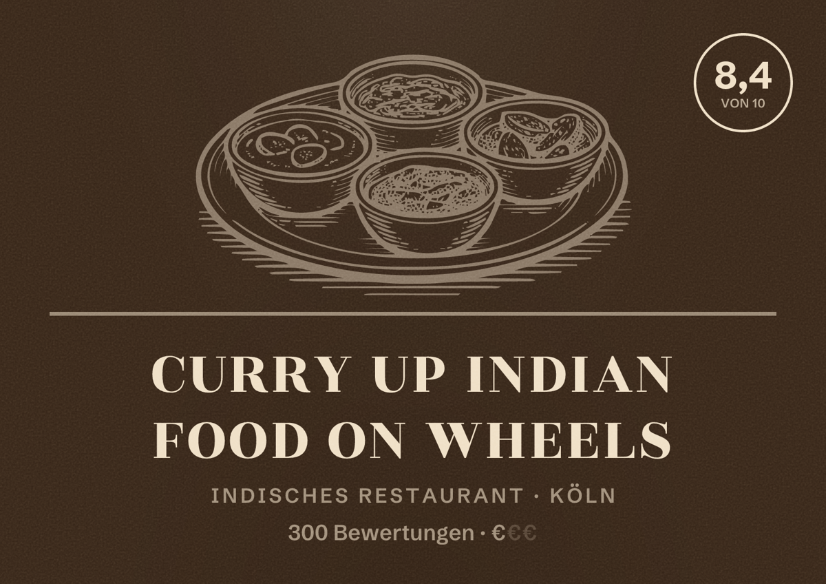 Illustriertes Poster von Curry Up Indian Food on Wheels, Indisches Restaurant in Köln: Bewertung 8,4 von 10 aus 300 Bewertungen, Preisniveau €