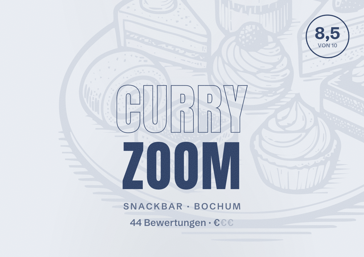 Illustriertes Poster von Curry zoom, Snackbar in Bochum: Gästebewertung 8,5 von 10 aus 44 Bewertungen
