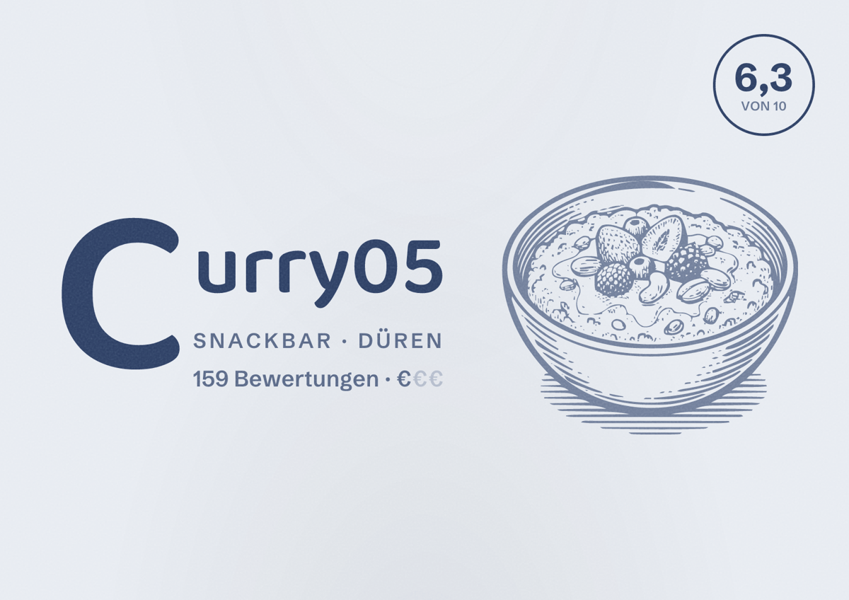 Illustriertes Poster von Curry05, Snackbar in Düren: Bewertung 6,3 von 10 aus 159 Bewertungen, Preisniveau €