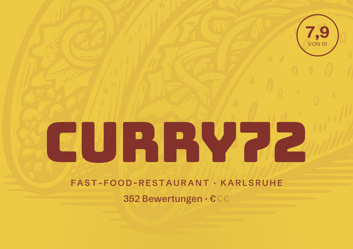 Illustriertes Poster von Curry72, Fast-Food-Restaurant in Karlsruhe: Bewertung 7,9 von 10 aus 352 Bewertungen, Preisniveau €