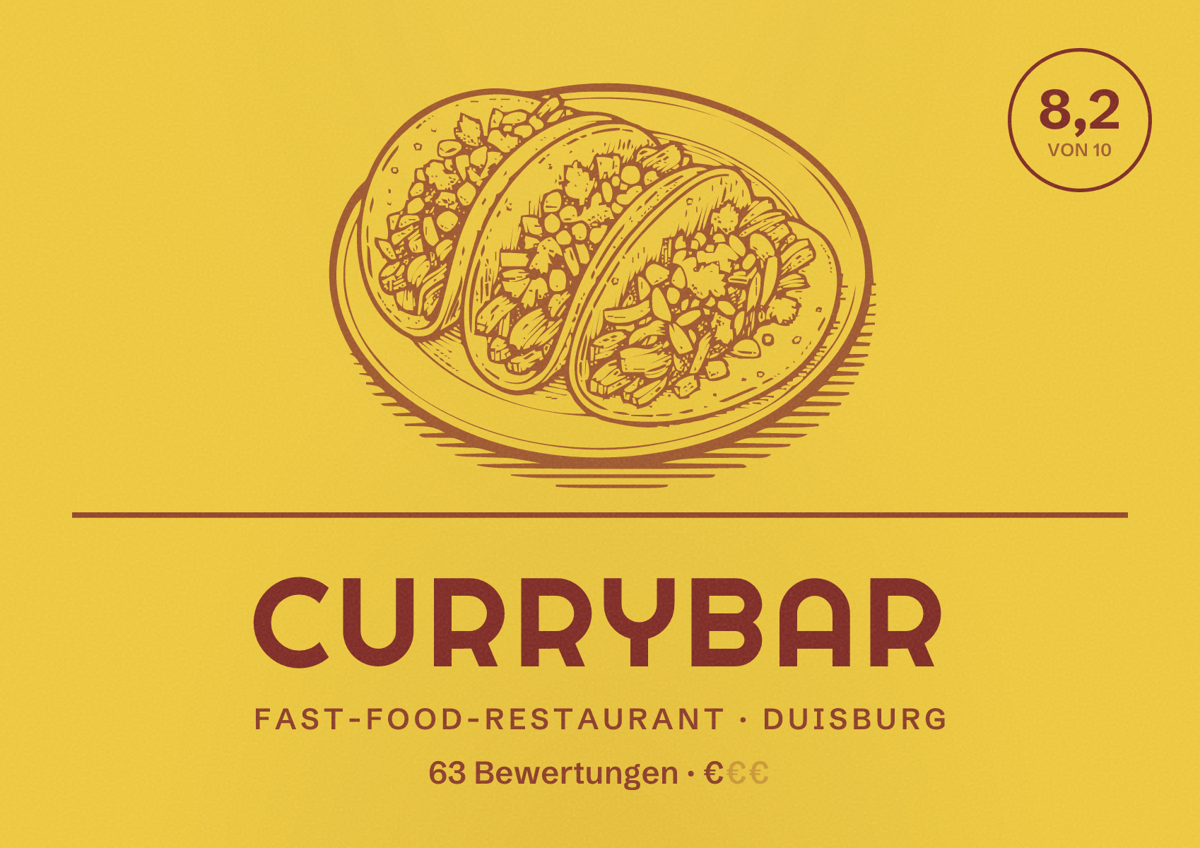 Illustriertes Poster von Currybar, Fast-Food-Restaurant in Duisburg: Bewertung 8,2 von 10 aus 63 Bewertungen, Preisniveau €