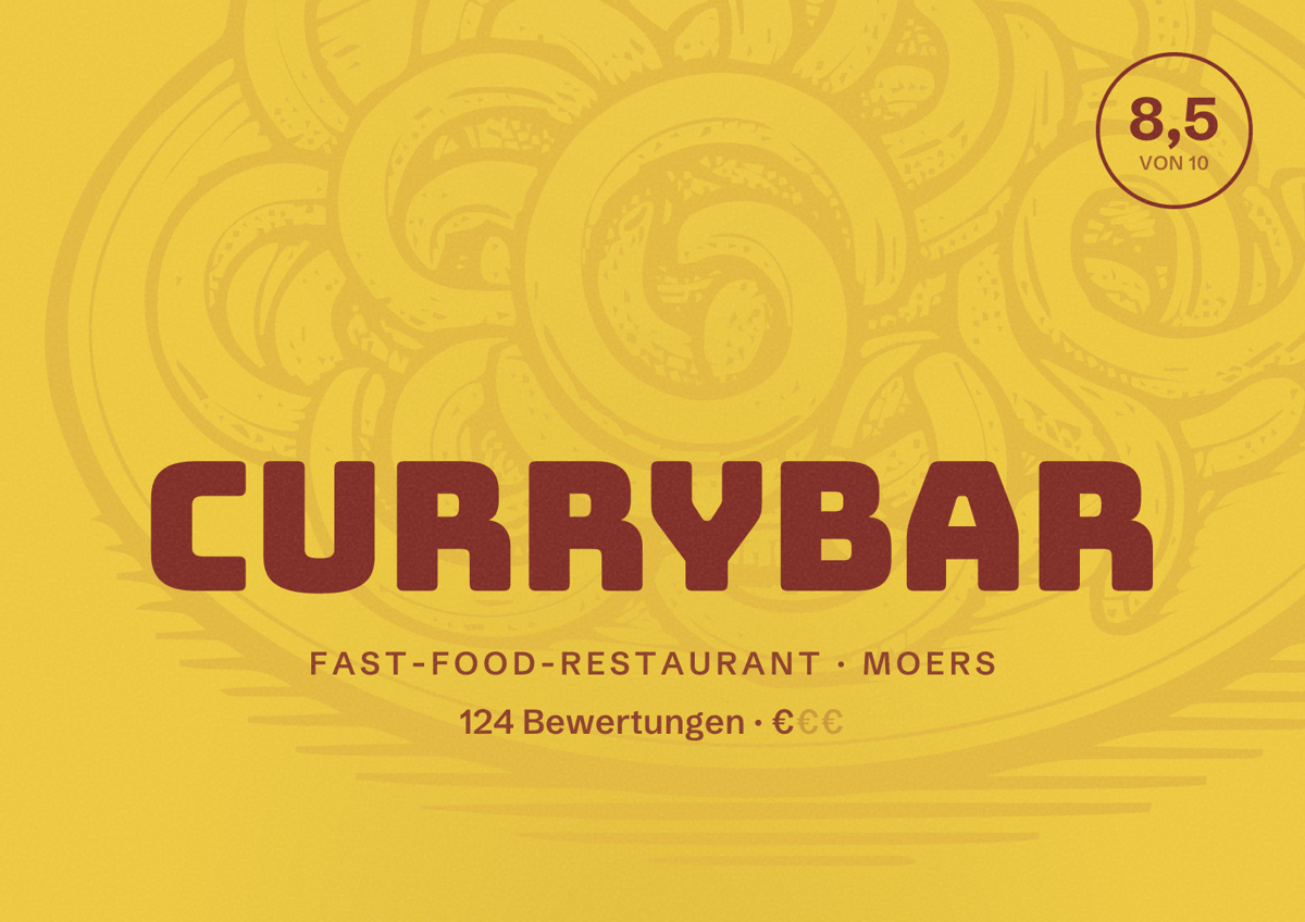Illustriertes Poster von Currybar, Fast-Food-Restaurant in Moers: Bewertung 8,5 von 10 aus 124 Bewertungen, Preisniveau €