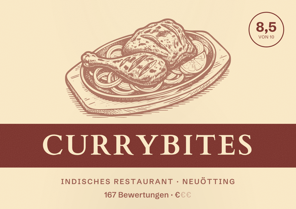 Illustriertes Poster von Currybites, Indisches Restaurant in Neuötting: Bewertung 8,5 von 10 aus 167 Bewertungen, Preisniveau €