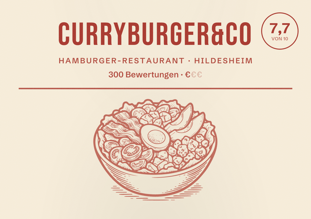 Illustriertes Poster von CurryBurger&Co, Hamburger-Restaurant in Hildesheim: Bewertung 7,7 von 10 aus 300 Bewertungen, Preisniveau €