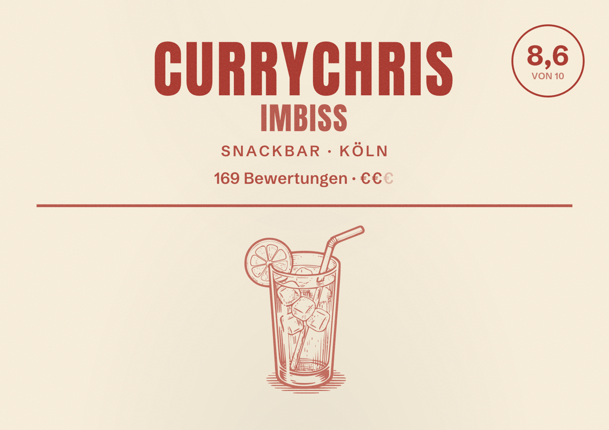 Illustriertes Poster von CurryChris Imbiss, Snackbar in Köln: Bewertung 8,6 von 10 aus 169 Bewertungen, Preisniveau €€