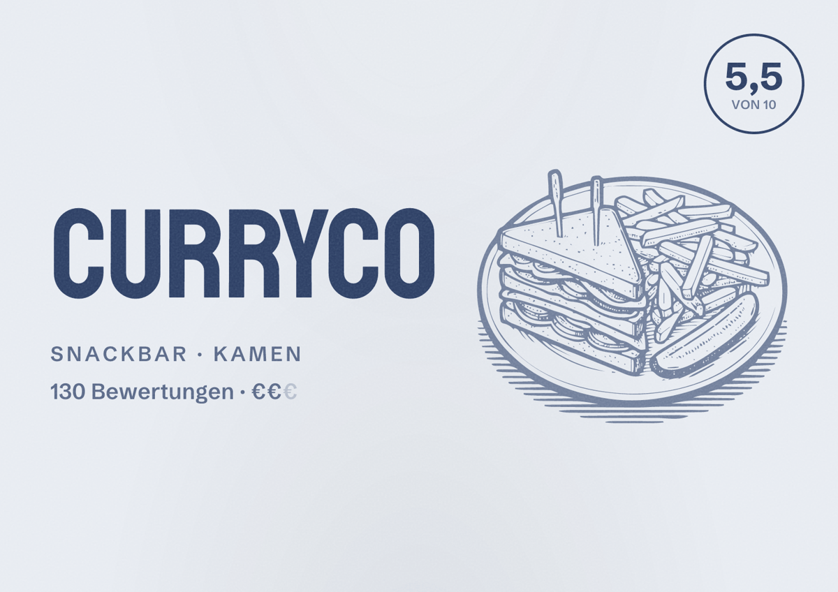 Illustriertes Poster von CurryCO, Snackbar in Kamen: Bewertung 5,5 von 10 aus 130 Bewertungen, Preisniveau €€