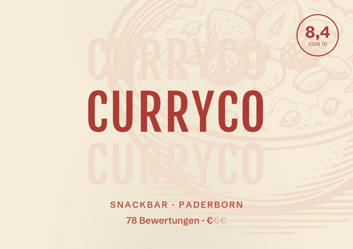 Illustriertes Poster von Curryco, Snackbar in Paderborn: Bewertung 8,4 von 10 aus 78 Bewertungen, Preisniveau €