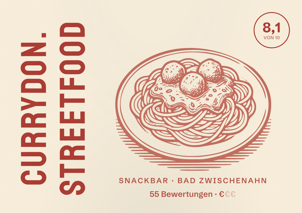 Illustriertes Poster von CURRYDON. Streetfood, Snackbar in Bad Zwischenahn: Bewertung 8,1 von 10 aus 55 Bewertungen, Preisniveau €