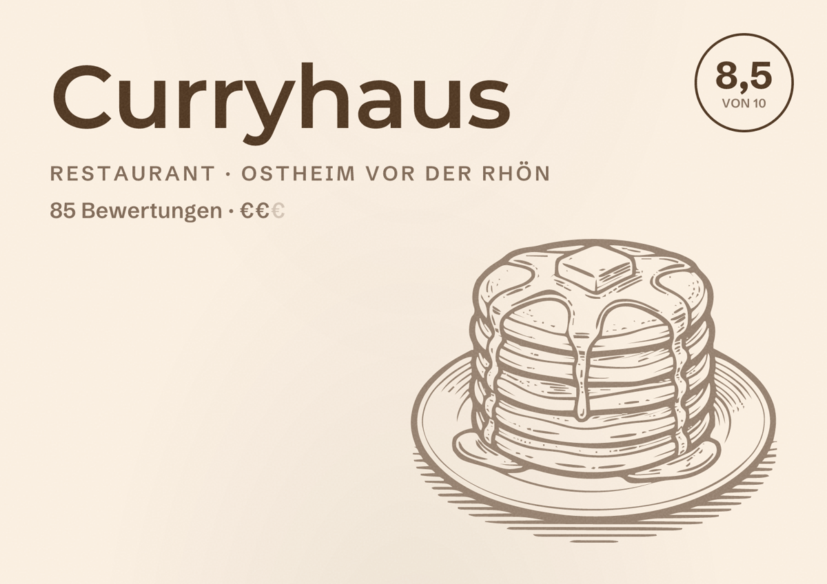 Illustriertes Poster von Curryhaus, Restaurant in Ostheim vor der Rhön: Bewertung 8,5 von 10 aus 85 Bewertungen, Preisniveau €€