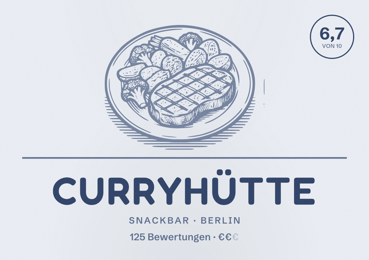 Illustriertes Poster von Curryhütte, Snackbar in Berlin: Bewertung 6,7 von 10 aus 125 Bewertungen, Preisniveau €€