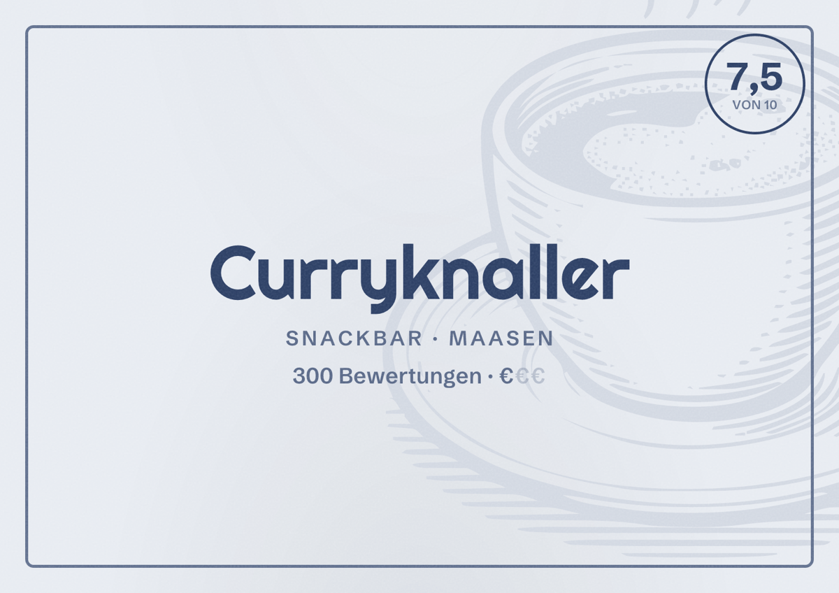Illustriertes Poster von Curryknaller, Snackbar in Maasen: Bewertung 7,5 von 10 aus 300 Bewertungen, Preisniveau €