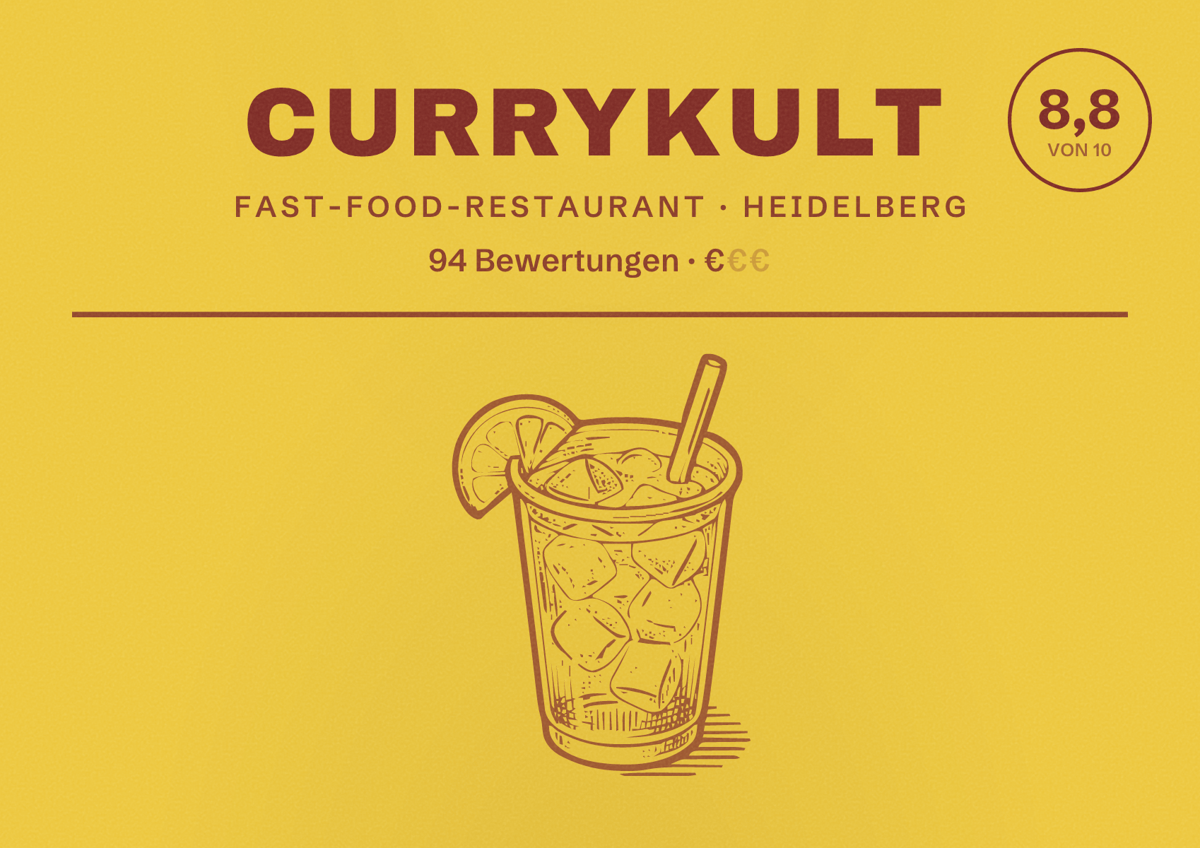 Illustriertes Poster von Currykult, Fast-Food-Restaurant in Heidelberg: Bewertung 8,8 von 10 aus 94 Bewertungen, Preisniveau €