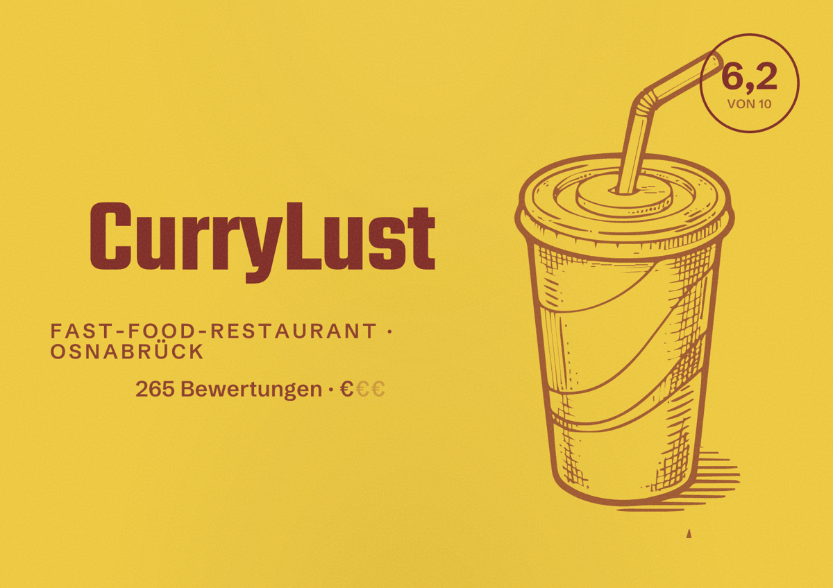 Illustriertes Poster von CurryLust, Fast-Food-Restaurant in Osnabrück: Bewertung 6,2 von 10 aus 265 Bewertungen, Preisniveau €