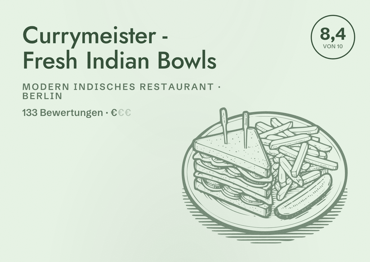 Illustriertes Poster von Currymeister - Fresh Indian Bowls, Modern indisches Restaurant in Berlin: Bewertung 8,4 von 10 aus 133 Bewertungen, Preisniveau €