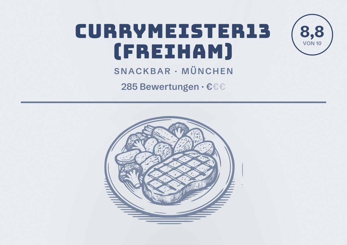 Illustriertes Poster von Currymeister13 (Freiham), Snackbar in München: Bewertung 8,8 von 10 aus 285 Bewertungen, Preisniveau €