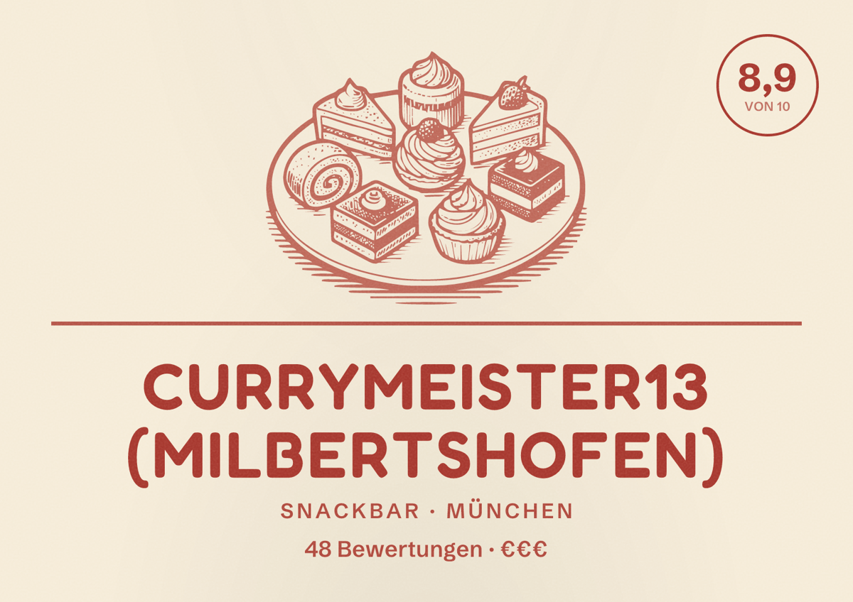 Illustriertes Poster von Currymeister13 (Milbertshofen), Snackbar in München: Bewertung 8,9 von 10 aus 48 Bewertungen, Preisniveau €€€