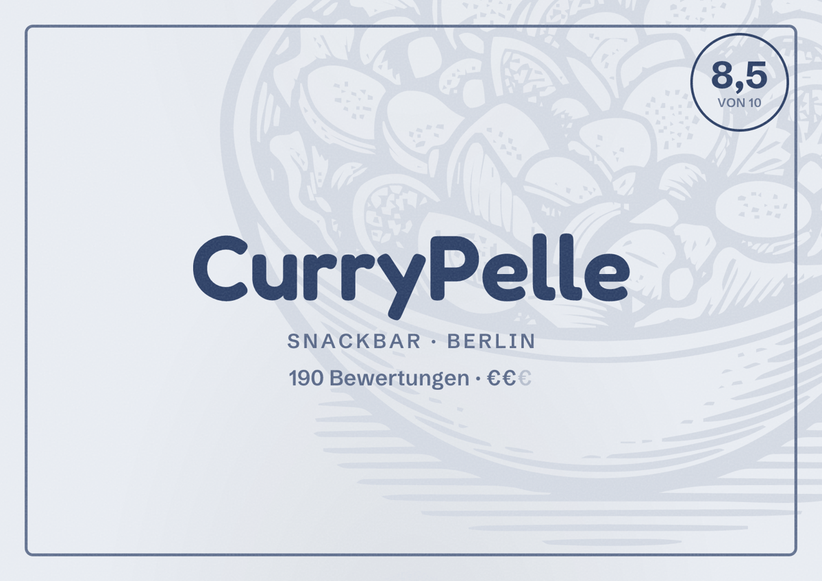 Illustriertes Poster von CurryPelle, Snackbar in Berlin: Bewertung 8,5 von 10 aus 190 Bewertungen, Preisniveau €€