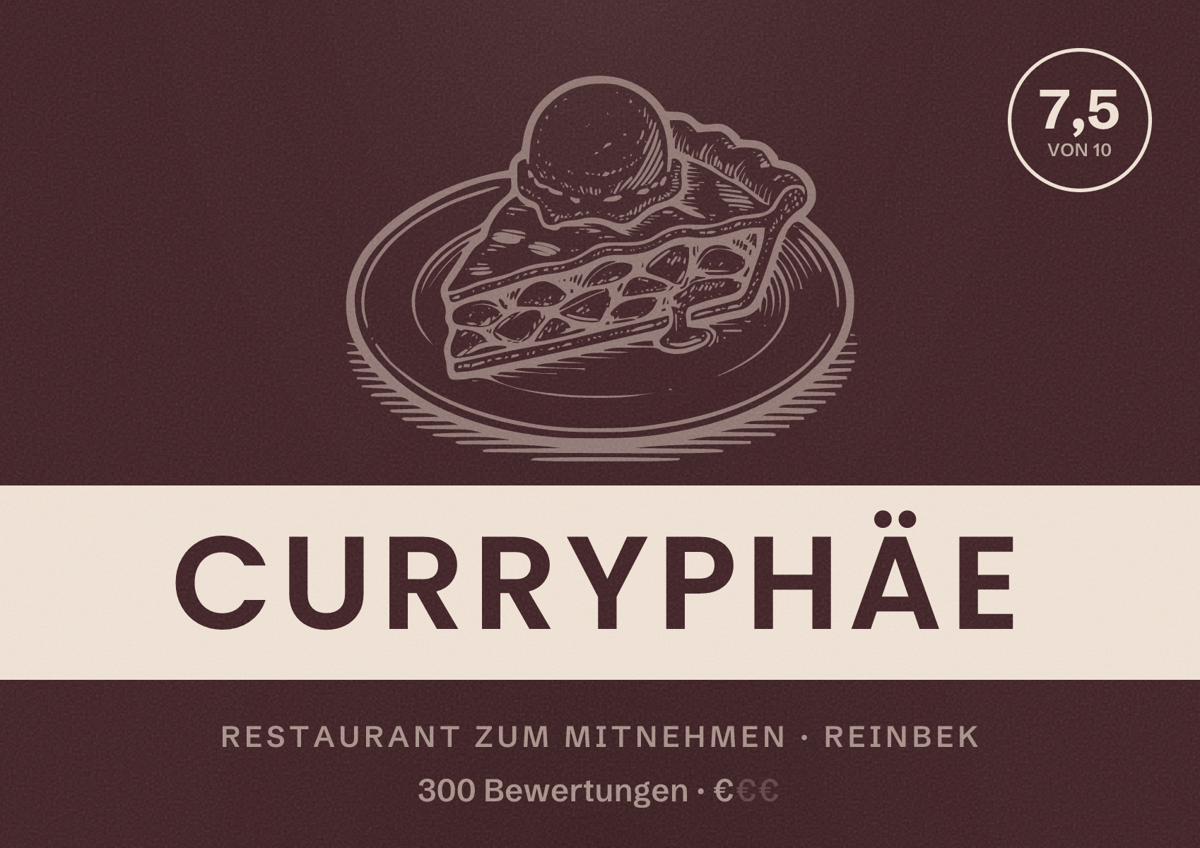 Illustriertes Poster von Curryphäe, Restaurant zum Mitnehmen in Reinbek: Bewertung 7,5 von 10 aus 300 Bewertungen, Preisniveau €