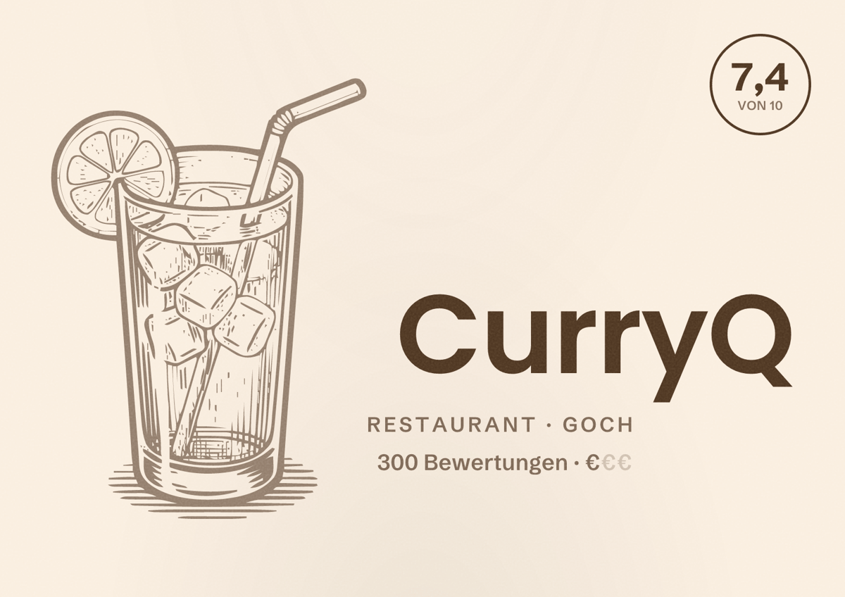 Illustriertes Poster von CurryQ, Restaurant in Goch: Bewertung 7,4 von 10 aus 300 Bewertungen, Preisniveau €