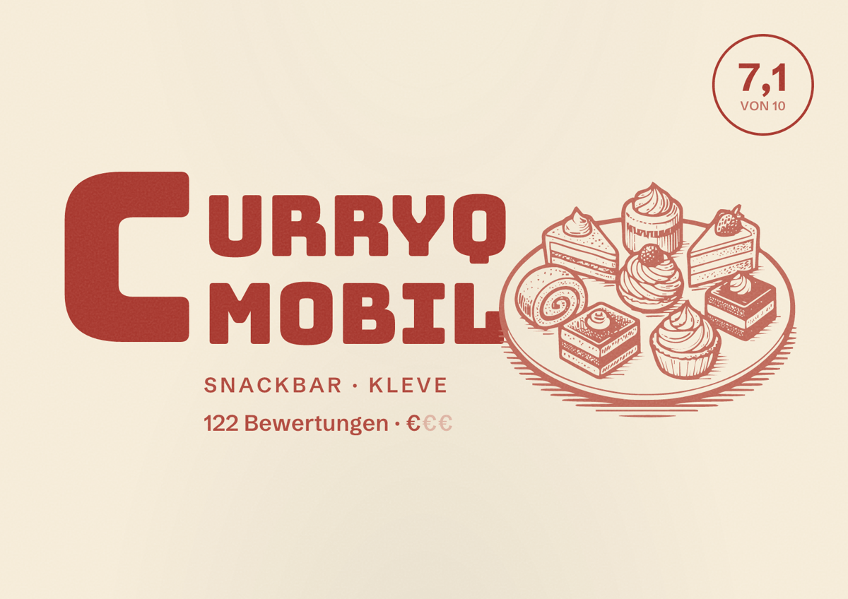 Illustriertes Poster von CurryQ Mobil, Snackbar in Kleve: Bewertung 7,1 von 10 aus 122 Bewertungen, Preisniveau €