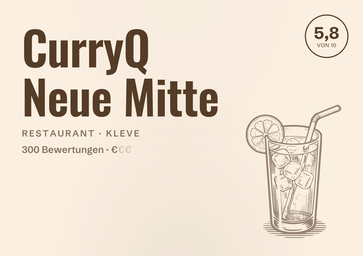 Illustriertes Poster von CurryQ Neue Mitte, Restaurant in Kleve: Bewertung 5,8 von 10 aus 300 Bewertungen, Preisniveau €