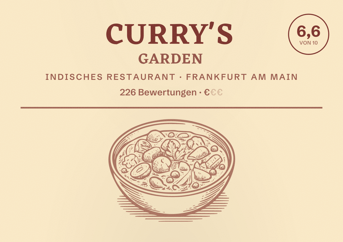 Illustriertes Poster von Curry's Garden, Indisches Restaurant in Frankfurt am Main: Bewertung 6,6 von 10 aus 226 Bewertungen, Preisniveau €